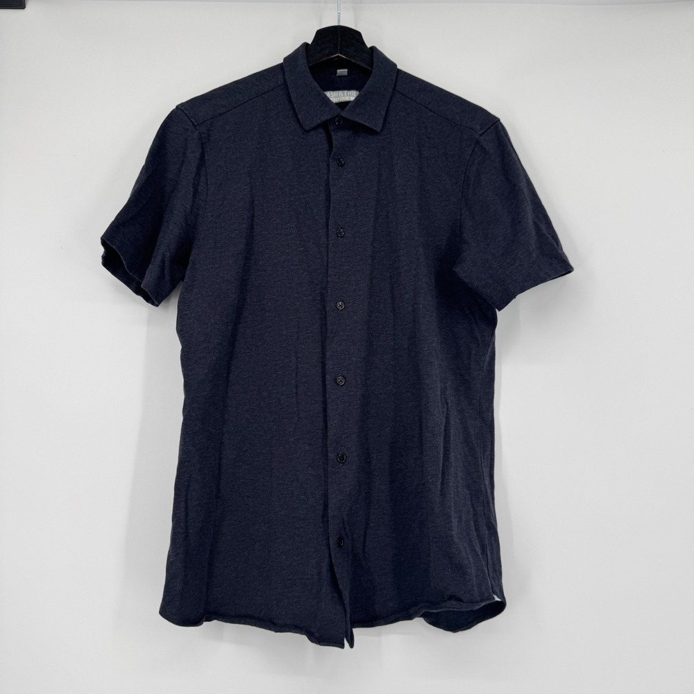 Ash & Erie Nice2Tuff Slim Fit Short Sleeve Button Down Shirt Mens Medium Navy